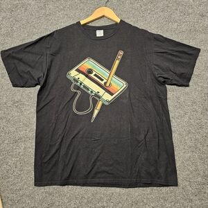 Port and Company Black Tee with Retro Cassette Design‎